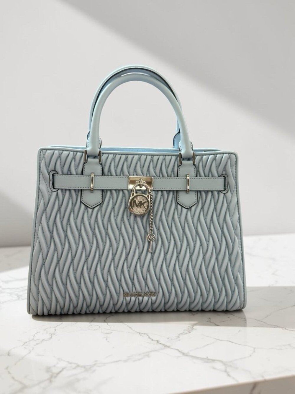 Michael Kors Hamilton Legacy Medium Satchel Pale Ocean Blue Quilted Leather NWT